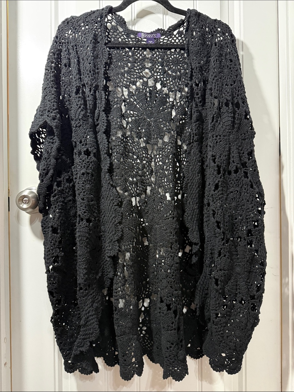 Roaman's Black Openwork Crochet Cardigan